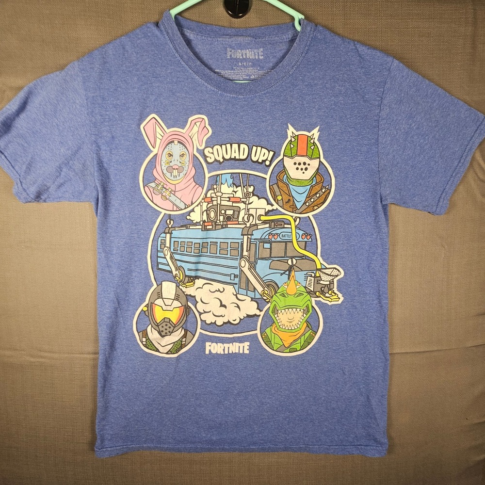 Fortnite Squad Up Battle Bus Graphic T-Shirt Mens Small Blue Heather Gaming Tee